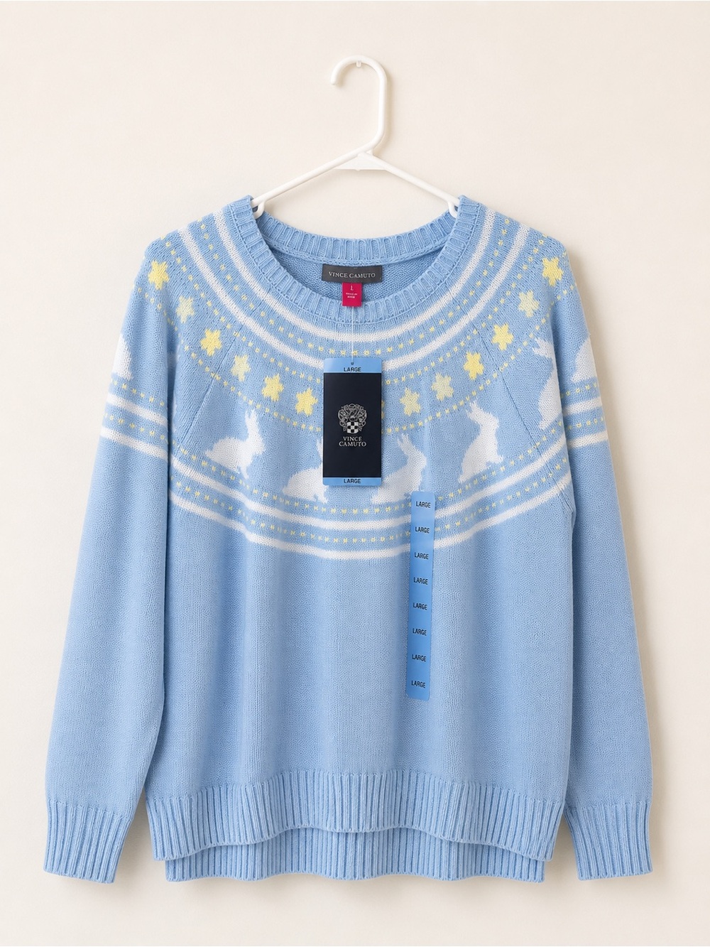 Vince Camuto Light Blue Fair Isle Sweater with Cream Stars & Rabbits